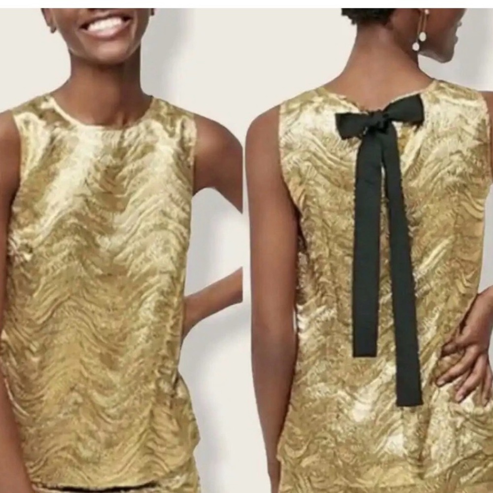 J Crew Collection Bow Back Top in Metallic Leaf Jacquard Sleeveless Gold Medium
